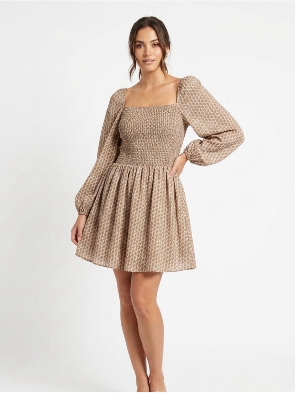 Smocked Square-Neck Mini Dress in Taupe Print